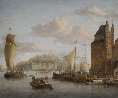 Northern Harbour at a Castle with Numerous Cargo Boats and Merchants by Jakobus storck